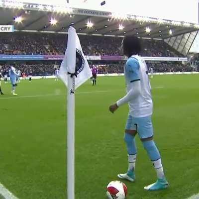 Michael Olise (Crystal Palace) is hit in the head by a bottle thrown by a Millwall fan when taking a corner, but kicks it away and gestures to the crowd asking them to 'keep it coming'