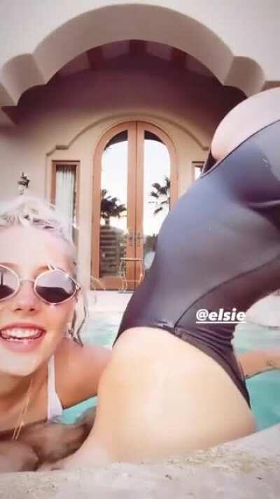 Legion star Vanessa DuBasso playing with Elsie Hewitt in bikinis in the pool