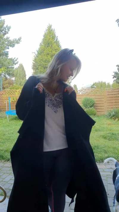 My neighbor would like me to be his fuckdoll. Now he's behind the curtain and probably jerking off and I'm specifically showing my big tits. Heh