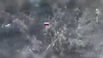 Small group of Ukrainian soldiers in combat againt about 20+ Russians during a ground assault as watched from drone. Location Ukraine, year 2024.