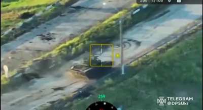 Archival Footage: Kherson, Ukraine. Russian T-72B3 is Hit by FPV Drone then Crashes into Street Light and is Abandoned Before Being Destroyed. Music Added by OP. Kherson, Ukraine, Mid 2023.