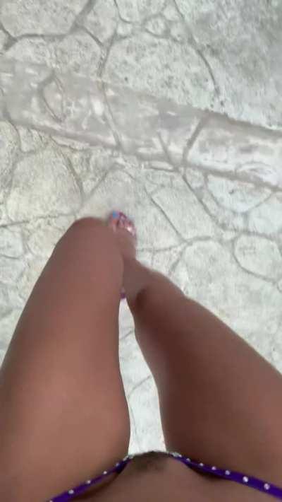 POV walk in tiny purple micro g-string and matching heels with a little tuftie showing!