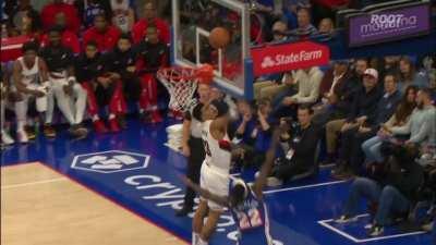 [Highlight] Camara gets the block and Sharpe finishes an INSANE circus shot around Embiid