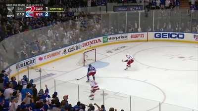Kreider hits the outside of the post with the net empty
