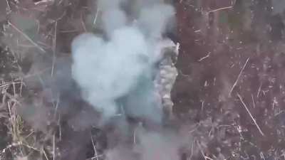 Ukrainian drones drops on Russian soldiers on crutches in a field. January 2025