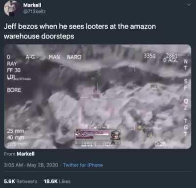 Amazon drones circling overhead, wishing a nigga would come near the warehouse