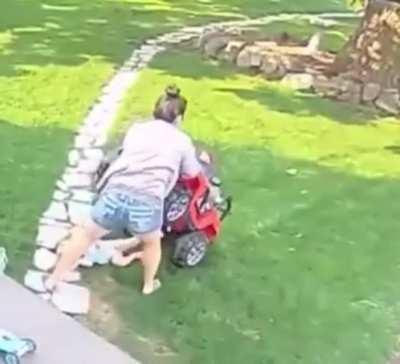 Kid runs over toddler