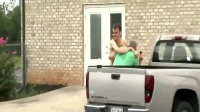 Naked (censored/blurred) lunatic goes for brisk and violent jog around his quiet country neighborhood