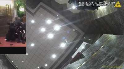 Man refuses to leave the building and resists arrest. The man expects to file a suit seeking 3 billion dollars in damages. The video that went viral starts at 2:41 in the corner.