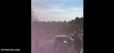 Rally car rolls past a crowd of spectators