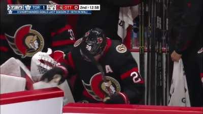 Connor Brown slamming the bench door in anger