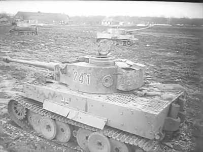 Several Tiger Is among abandoned German equipment on the Eastern Front
