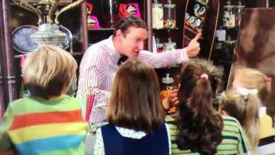 In Willy Wonka and the Chocolate Factory (1971), the candy man tries to destroy one kid’s teeth the old fashioned way.