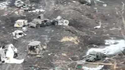 ru pov: Road from Chasov Yar to Khromovo with destroyed Ukrainian vehicles and armor - main supply road for Ukrainian forces in Bahkmut