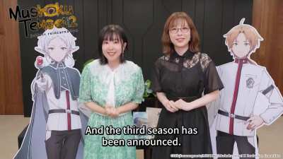 Yumi Uchiyama (Rudy) and Kayono Ai (Sylphie) celebrates Mushoku Tensei S2 being available on all platforms 