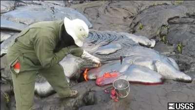 Scientist collecting lava samples