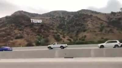 Triggered!!! Someone put up this Trump sign overnight along the 405 freeway, near the Getty. This is right in the middle of what’s largely considered one of the most liberal cities in America.