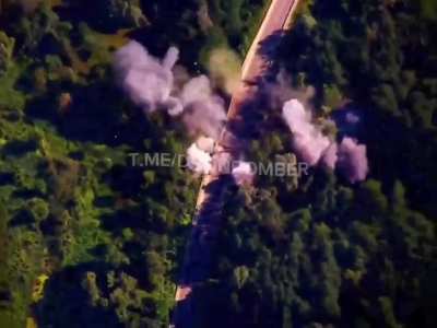 The explosion of the Russian bridge in the Bryansk region. The bridge was mined with TM-62 mines and then blown up by a fiber optics FPV drone