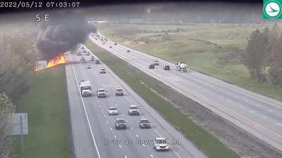 Dump truck rear ends a stationary ODOT vehicle on the freeway, fireball ensues