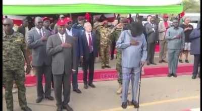 The President of South Sudan pissed his pants at the sound of the anthem. Salvatore Kiir is 71 years old.