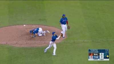 6 Blue Jays converge for the ball. The result...