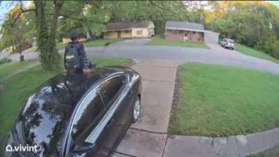 Woman has no problem with a guy jumping on her car to get away from a dog