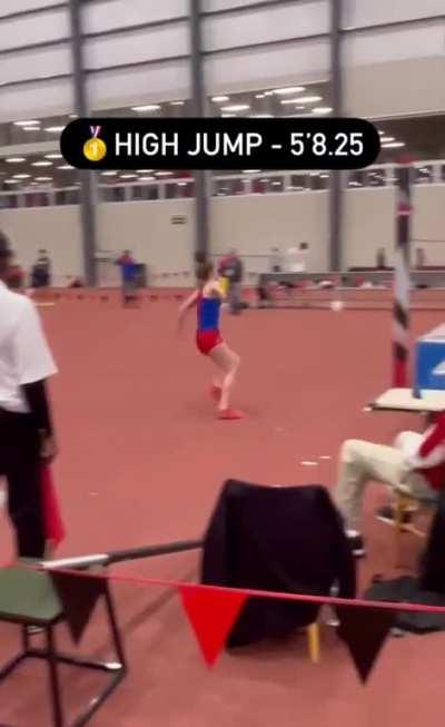 Only person to qualify from her school. Wins all 4 events and breaks 3 state meet records