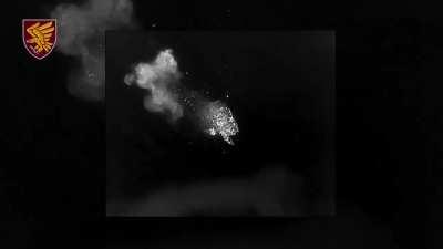 Ukrainian drone with thermal drops a munition on a ruzzian BMP filled loaded with infantry on top