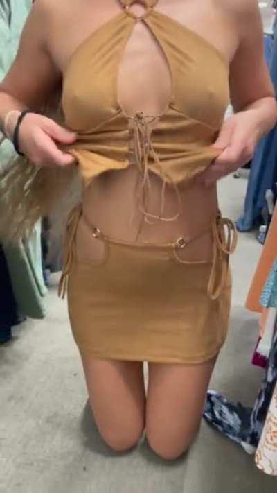 Crawling around while shopping for clothes [f]