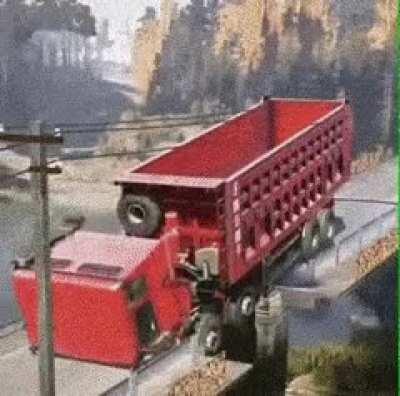 Truck going over a collapsed bridge
