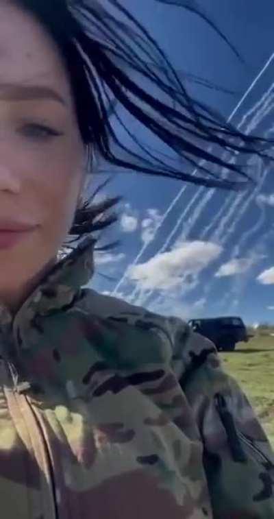 Ua pov Ukrainian servicewoman takes a selfie video of a Himars launch in Kharkiv Region