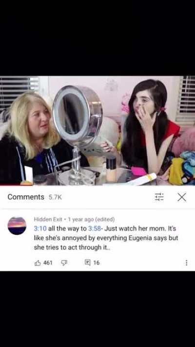 Her mother looks so annoyed by everything Eugenia says, she rolls her eyes, fake laughs and just looks like she is forcing herself to tolerate..