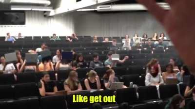 a hole prankster YouTuber does a vaping prank at a college lecture that the professor and the entire class get sick of his shit