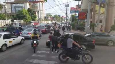 Stopping car over pedestrian walkway