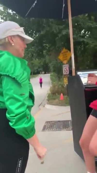 Thick-assed Karen.. Neighborhood parking officer, cuts off before gets violent