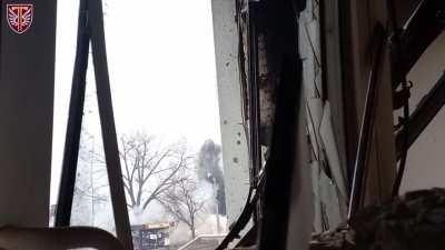 UA pov Ukrainians hit a suspected Russian position in Bakhmut, unknown date, likely archival