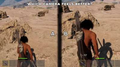 Need feedback for my survival game: I'm torn between these two camera angles. Which one strikes a better balance between immersion and awareness? Also, what is your general preference in survival games?