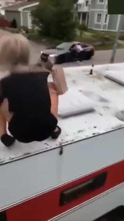 Climbing on to the roof yields instant karma