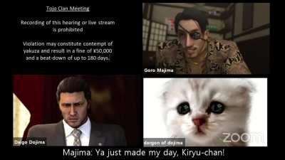 Kiryu gets stuck on Zoom kitten filter during clan meeting (english subtitles)