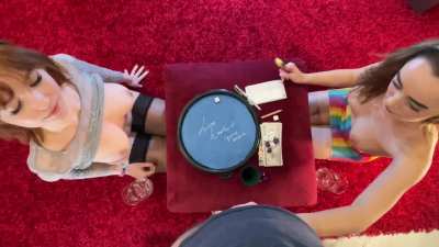 Two crazy hot party girls in a Handjob Game dice challenge with Lilly (all natural big tits redhead) and Alice (the raver edm lover girl in rainbow see through outfit) Level 2: Difficulty 