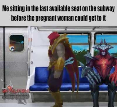 Me sitting in the last available seat on the subway before the pregnant woman could get to it