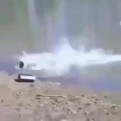 Sheep charging fisherman, pushing him into the water