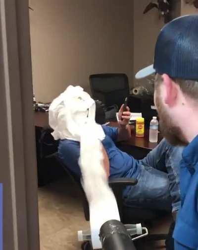 Leaf blower that blows toilet paper on people's faces