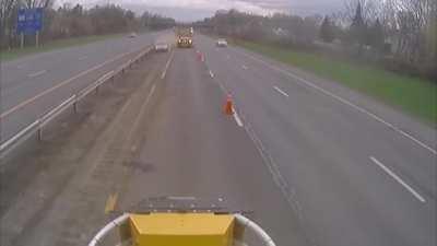 NY highway maintenance crew almost gets seriously injured by a car speeding through a work zone