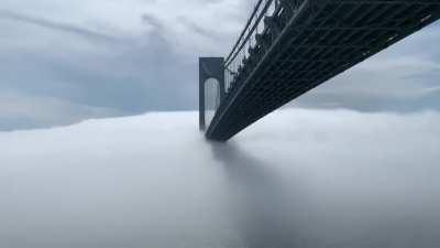 Staten Island side of Verrazzano bridge covered in clouds
