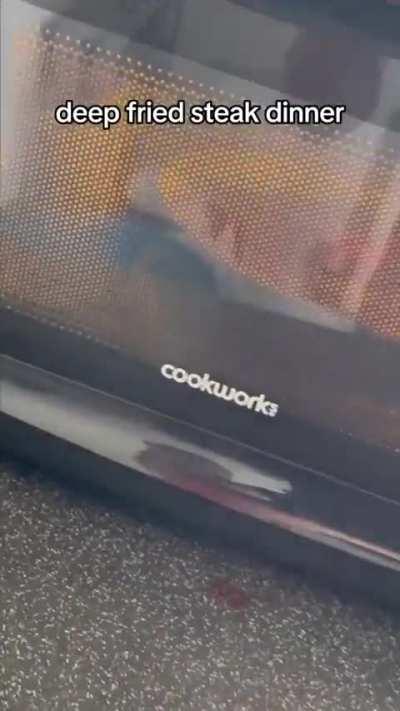 Microwaved deep fried steak. Sounds wonderful. 