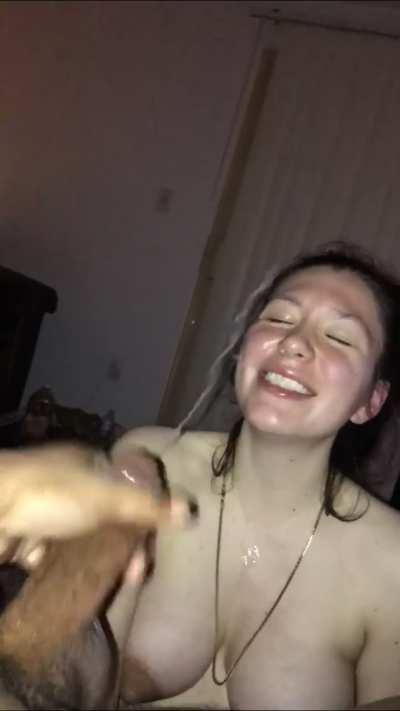 Cumshot on smoochie using my smart cock to land shots