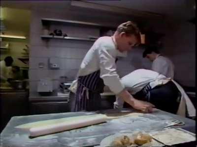 Chef Marco Pierre White making lobster ravioli with his protege Gordon Ramsay in 1989