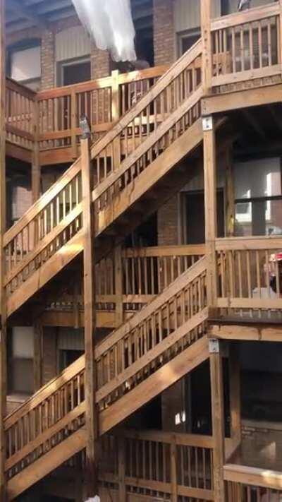 Stairwell crushed under a giant icicle. 02/24/2021