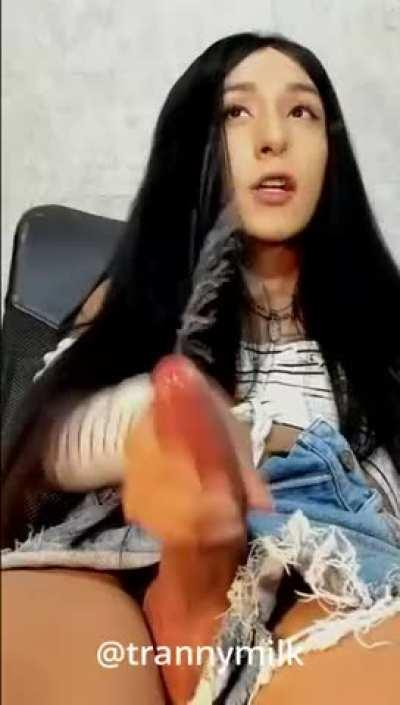 [T] Cute latina with big girldick sprays lots of milk